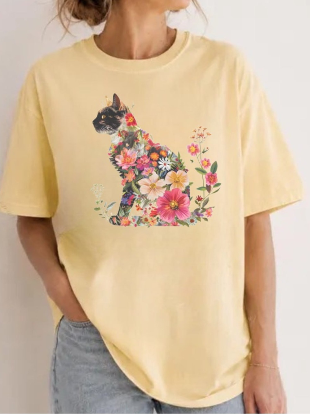Floral Cat Graphic T-Shirt - Vintage Yellow